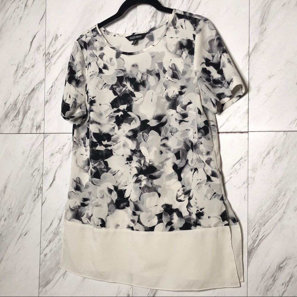 Ellen Tracy Black & White Floral Watercolor Mix Media Blouse Size Small